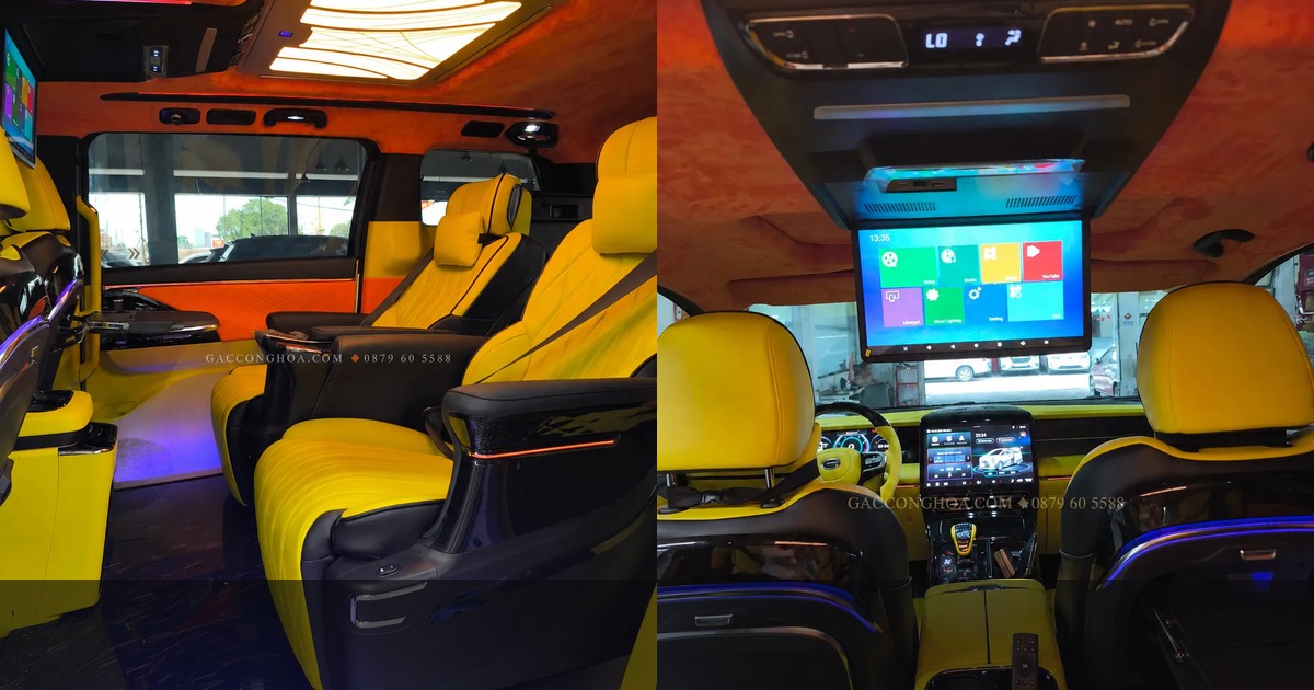 Khoang nội thất GAC M8 độ limousine với ghế VIP vàng đen, trần LED và màn hình giải trí ốp trần